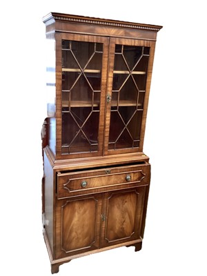 Lot 1402 - Georgian style mahogany secretaire bookcase with astragal glazed doors above, fitted secretaire drawer and cupboards below, 75cm wide, 38cm deep, 182.5cm high