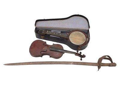 Lot 326 - Antique sword, old violin and a ukulele-banjo in case (3)