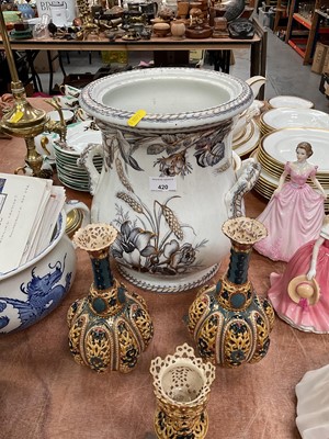 Lot 798 - Group of reticulated vases, possibly Zsolnay Pecs, together with a transfer printed two handled vase.