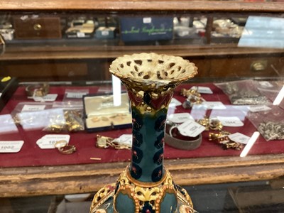 Lot 420 - Group of reticulated vases, possibly Zsolnay Pecs, together with a transfer printed two handled vase.