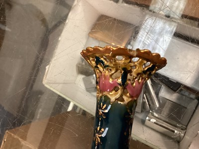 Lot 420 - Group of reticulated vases, possibly Zsolnay Pecs, together with a transfer printed two handled vase.