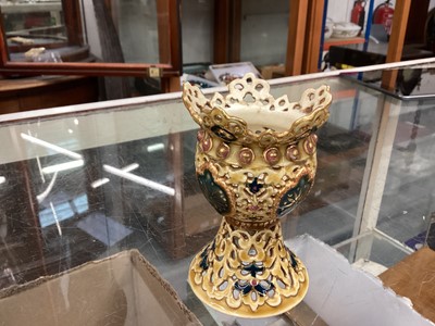 Lot 420 - Group of reticulated vases, possibly Zsolnay Pecs, together with a transfer printed two handled vase.