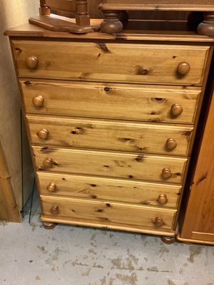 Lot 1410 - Modern pine chest of six drawers, 84cm wide, 43cm deep, 119cm high, together with a dressing table mirror and a three drawer bedside chest (3)