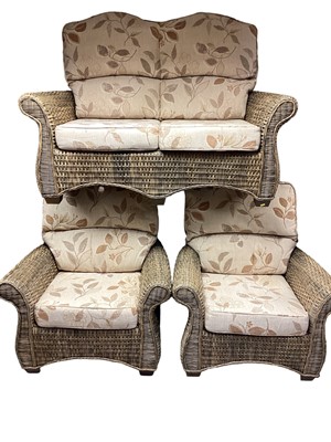 Lot 1415 - Contemporary wicker three piece conservatory suite with loose cushions