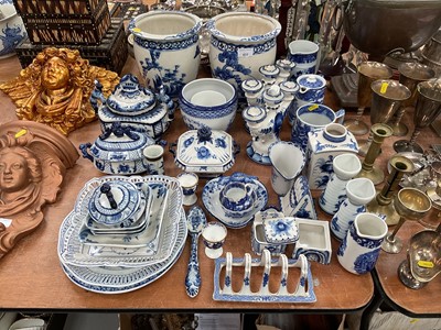 Lot 431 - Group of various blue and white ceramics to include jugs, toast rack and dishes.