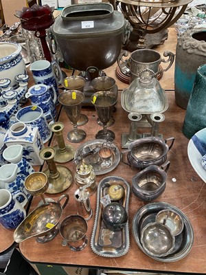 Lot 781 - Group of assorted metalware to include silver plated goblets, samovar and other metalware.