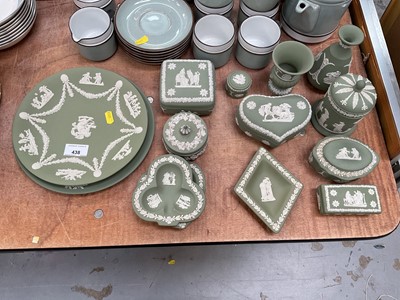 Lot 438 - Group of green Wedgwood Jasperware dishes, trinket boxes and other items.