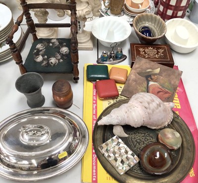 Lot 329 - 19th century apprentice piece/doll's chair with beadwork seat, silver plated tureen, mother of pearl and abalone card case, three pottery jelly moulds and other sundry items