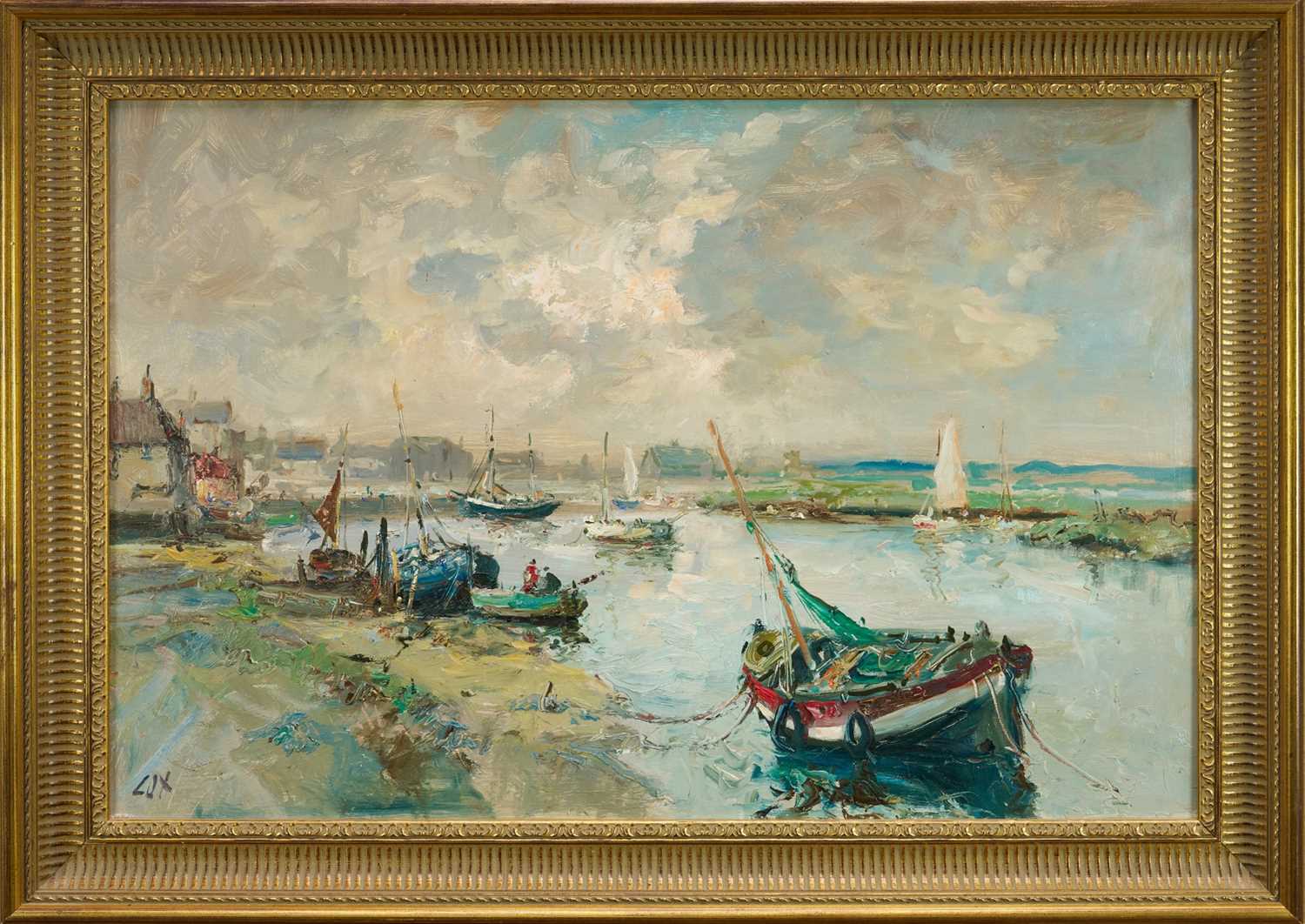 Lot 1127 - *Jack Cox (1914-2007) oil on board - Norfolk Harbour, signed, 50cm x 75cm, in gilt frame