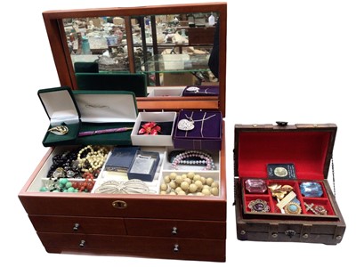 Lot 1074 - Two jewellery boxes containing costume jewellery, simulated pearls, brooches and various coins