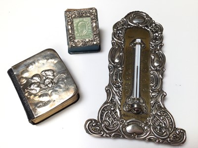 Lot 35 - Silver mounted thermometer by Dollond, London, together with a silver mounted stamp box and silver mounted miniature bible (3)