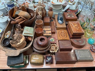 Lot 449 - Collection of various treen items to include Chinese carved wood stand, Middle Eastern box and other items.