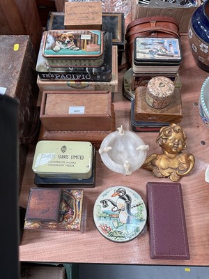 Lot 453 - Huntley & Palmers Peregrine Esq. tin, together with other vintage tins, Pilny's Doves marble dish, gilt cherub and other items.