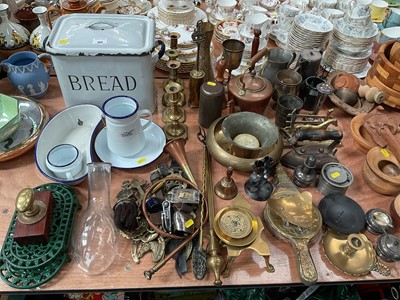 Lot 455 - Vintage enamel bread bin, brassware to include candlesticks and various other metalware including a brass door handle from the broom room at Ongar Railway Station.