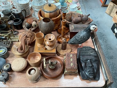 Lot 456 - Group of treen items to include Puffin, barley twist candlesticks, nut cracker and other items.