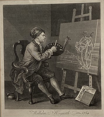 Lot 63 - After William Hogarth, 18th century engraving self portrait dated 1764 in glazed frame retailed by Colnaghi & Co, Bond Street, London in glazed frame