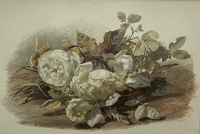 Lot 160 - Julius Jacobus van de Sande Bakhuyzen (Dutch, 1835-1925) pencil and watercolour - still life of white peonies, signed JJ.v d s Bakhuyzen (lower left), 33cm x 47.5cm