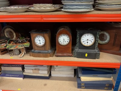 Lot 687 - Group of clocks, including Victorian slate clock, cuckoo clocks, etc (1 shelf)