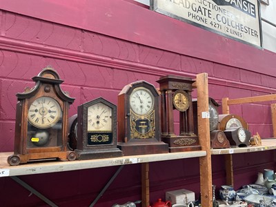 Lot 688 - Group of mostly antique clocks, including German, American, one four-pillared, etc