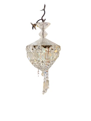 Lot 767 - Edwardian cut glass ceiling light with prismatic drops and three watercolours of village views and flowers