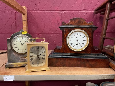 Lot 696 - Henry Marc of Paris burr wood mantel clock with enamel dial, together with a silver plated clock and another (3)