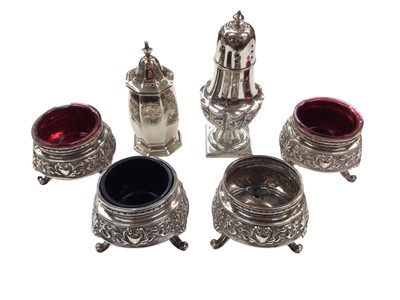 Lot 1078 - Set of four silver salts and two silver pepperettes