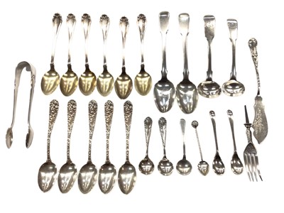 Lot 1079 - Various silver and sterling teaspoons, pair of silver sugar tongs etc