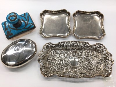 Lot 1080 - Pair of small silver square pin dishes, a pierced silver dish, silver snuff box and a silver enamelled blotter