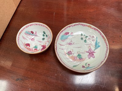 Lot 732 - 18th century Chinese Batavian ware tea bowl and saucer with famille rose figural scenes