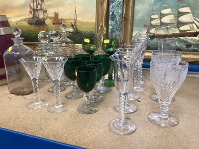 Lot 271 - Group of antique glassware including two glasses with air twist stems, decanters etc