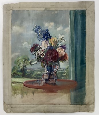 Lot 21 - Amy Watt (1900-1956) oil on canvas (unstretched) still life of flowers before a landscape
