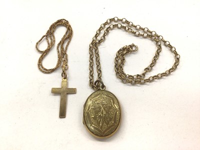 Lot 1090 - 9ct gold belcher link chain with a gilt metal locket and a 9ct gold cross pendant on 9ct gold chain