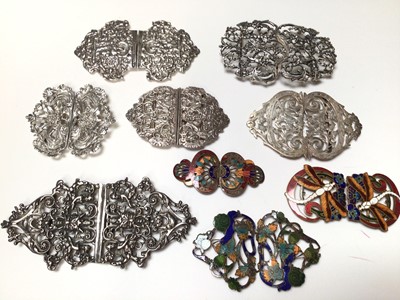 Lot 2 - Collection of antique and later buckles to include six silver and three enamelled, within a plated foliate jewelery box