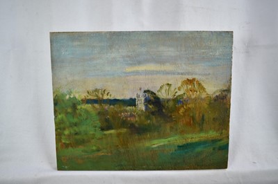 Lot 1178 - Amy Watt (1900-1956) oil on panel, St George's Day, Dedham Church from Upper Park, titled and indistinctly dated, 21 x 28cm