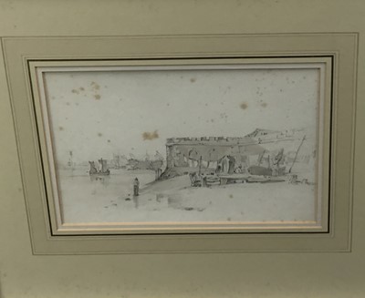 Lot 140 - Henry Haseler (act. 1814-1825) pencil and brown wash, The entrance to Portsmouth Harbour with a prison ship lying beyond, inscribed with title, 19cm x 30.5cm