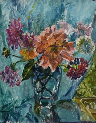 Lot 625 - *Mary Millar Watt (1924-2023) oil on board - Dahlias and Michaelmas Daisies at Walton Street, titled to label verso, 50 x 40cm