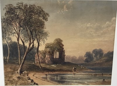 Lot 135 - Circle of John Varley, watercolour heightened with white, Sheep grazing before a ruined church on the banks of a river, 20.5cm x 24.5cm