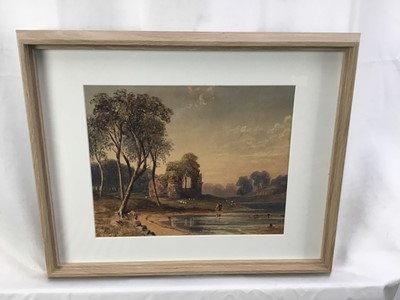 Lot 135 - Circle of John Varley, watercolour heightened with white, Sheep grazing before a ruined church on the banks of a river, 20.5cm x 24.5cm