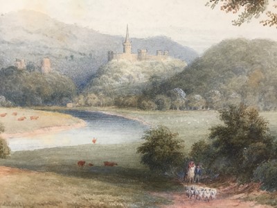 Lot 139 - George Reynolds Gill (1827-1904) watercolour, Droving sheep in an extensive landscape with a fortified castle beyond, 18cm x 25.5cm