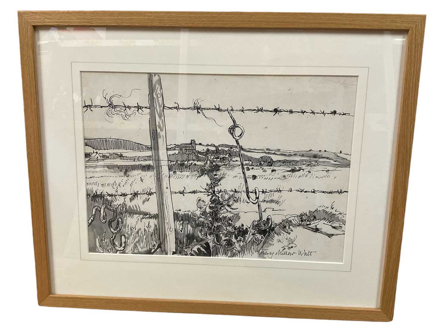 Lot 35 - Mary Millar Watt (1924-2023) monochrome wash, Saltmarsh, Norfolk, signed, titled verso, 28 x 40cm, glazed frame