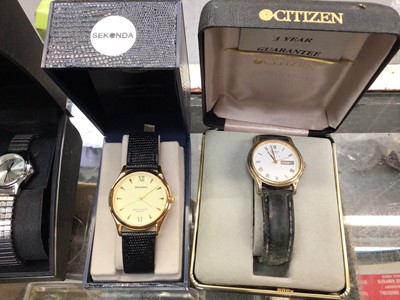Lot 1092 - Various wristwatches including Rotary gold plated calendar watch in box, Citizen, Sekonda, Tissot, Timex, Swatch, Skagen etc, some boxed