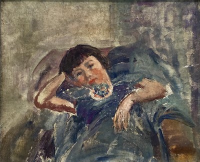 Lot 17 - Amy Millar Watt (1900-1956) oil on canvas laid down onto board - girl seated, 16cm x 19cm, framed