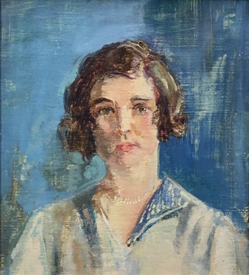 Lot 14 - Amy Millar Watt (1900-1956) oil on canvas laid onto board, portrait of Olive Lucas, 15cm x 13cm, framed