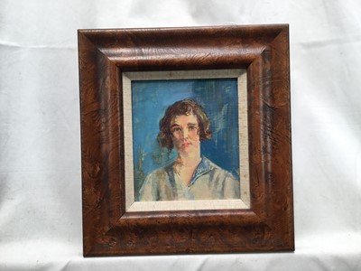 Lot 14 - Amy Millar Watt (1900-1956) oil on canvas laid onto board, portrait of Olive Lucas, 15cm x 13cm, framed