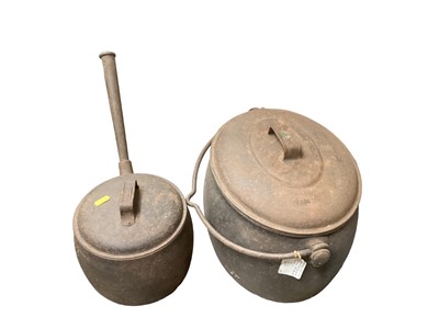 Lot 281 - Victorian cast iron ham boiler, cast iron saucepan and box of treen items