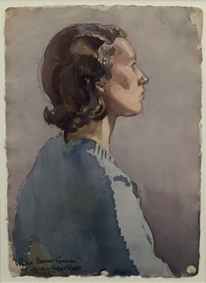 Lot 13 - Mary Millar Watt (1924-2023) watercolour - Portrait of Wilhelmina Barnes Graham, signed titled and dated '42, 33 x 24cm