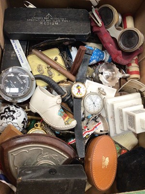 Lot 352 - Box of sundries including a pair of opera glasses, pair of military aviator sunglasses, Mickey Mouse wristwatch, white metal panel bracelet etc