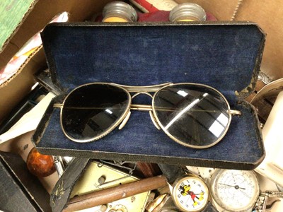 Lot 352 - Box of sundries including a pair of opera glasses, pair of military aviator sunglasses, Mickey Mouse wristwatch, white metal panel bracelet etc
