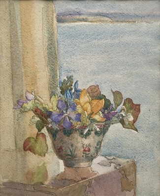 Lot 44 - Amy Watt (1900-1956) watercolour - bowl of flowers before a coastal landscape