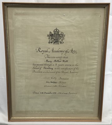 Lot 48 - Mary Millar Watt (1924-2023) Royal Academy certificate, together with two medals and various miniature models